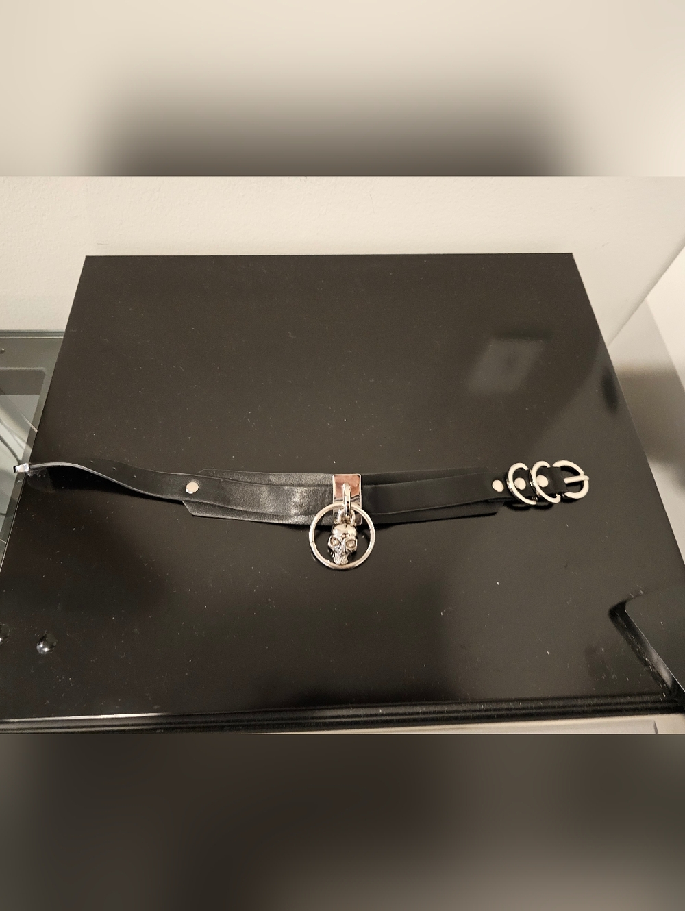 Killstar Black Faux Leather Skull Ring Choker Necklace with Silver Hardware